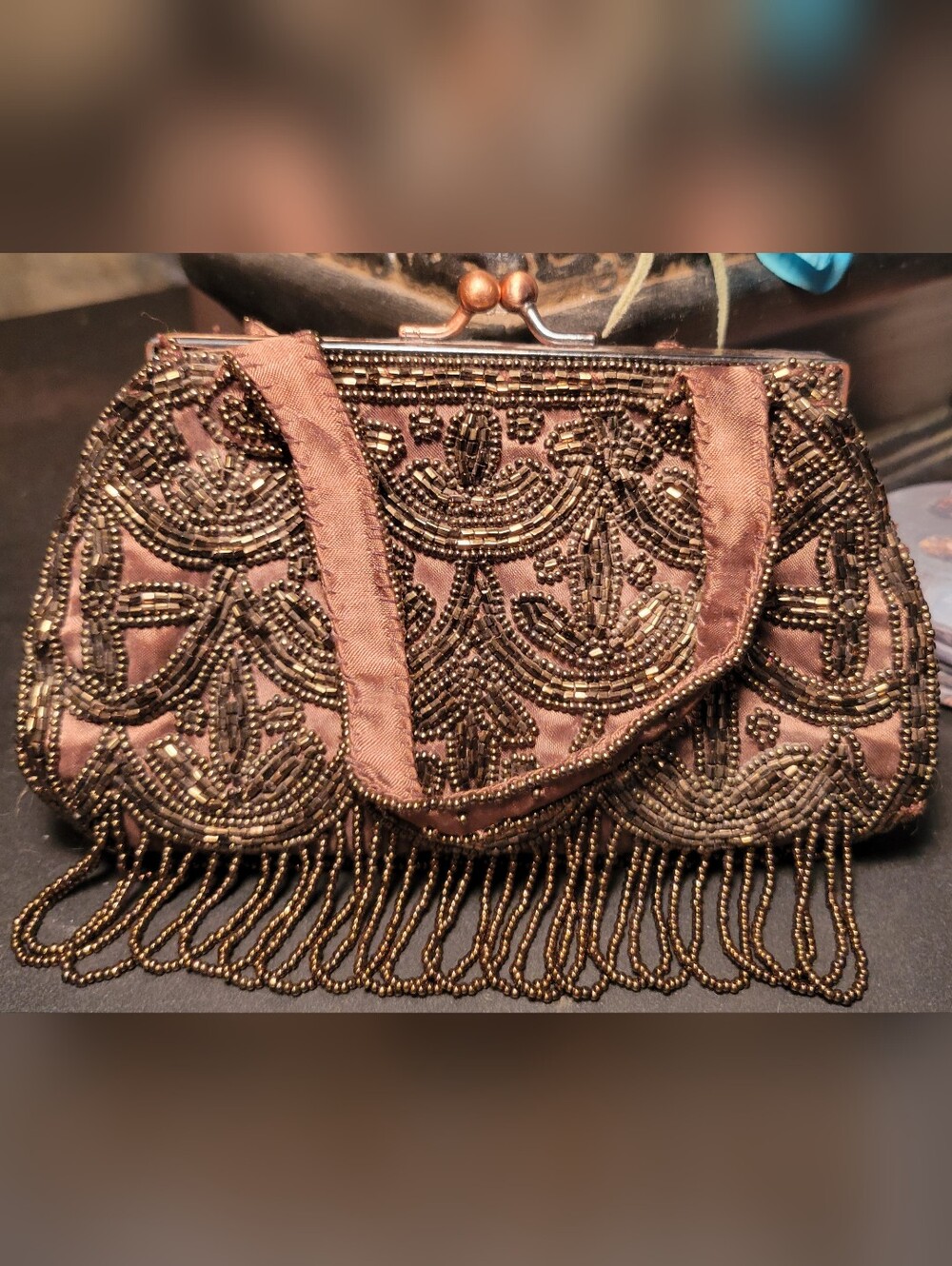 Vintage Cache Brown Bronze Beaded Evening Bag Kiss Lock Satin Cocktail Purse